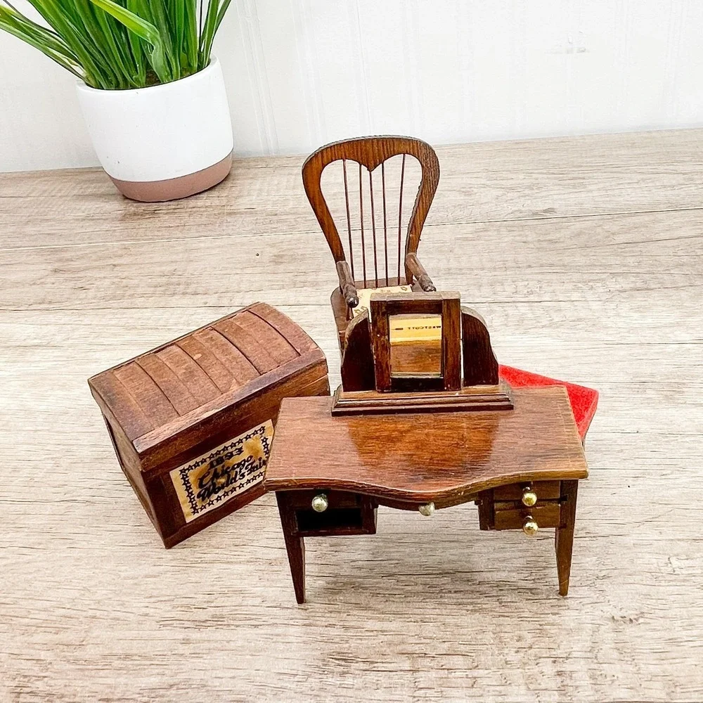 Miniature wooden‎ dollhouse Vanity with Mirror & Stool, Chest, & Rocking Chair
